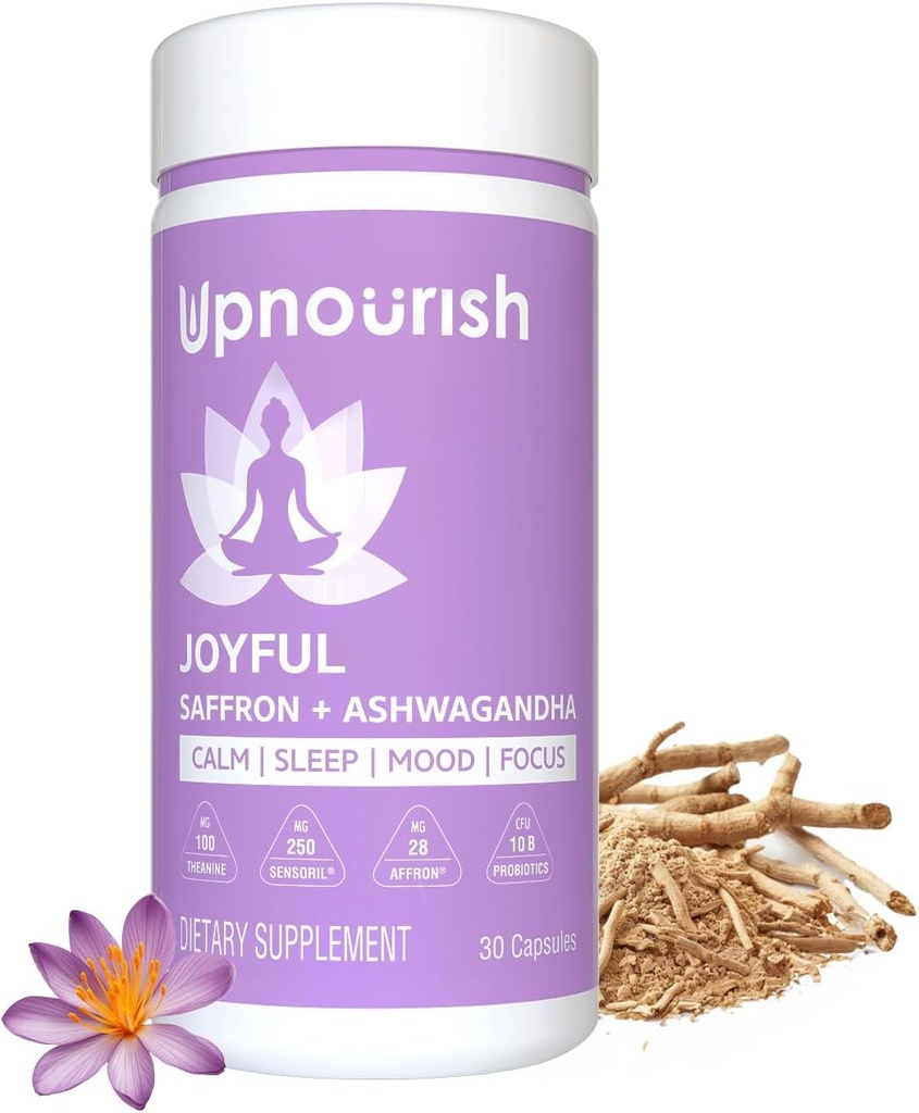 UpNourish Bio Ashwagandha Safran Suppléments avec Probiotiques - Stress Relief, Mood Enhancer, Calme Happy Pills Support Fatigue Focus Clarity avec L-Theanine, Rhodiola, 30 Capsules Vegan