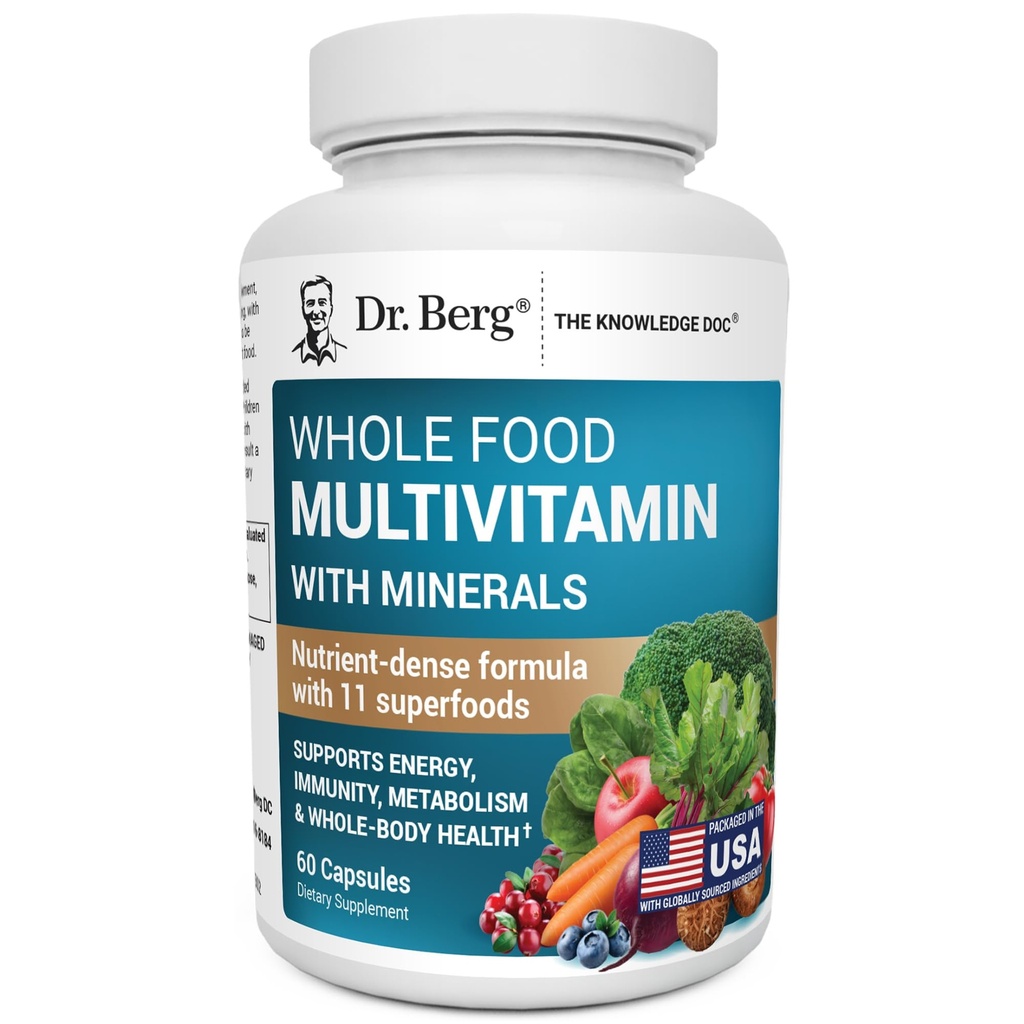 Dr. Berg Whole Food Multivitamin with Minerals - Daily Multivitamin for Men and Women - Includes Premium Whole Food Fruits and Vegetable Blend with Folate, Alpha-lipoic Acid and More - 60 Capsules