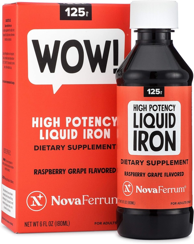 NovaFerrum Wow, 125 supplément de fer liquide haute puissance pour les adultes, carence en fer, 125mg de fer par dose de 5mL, végétalien vérifié, certifié sans gluten, sans sucre