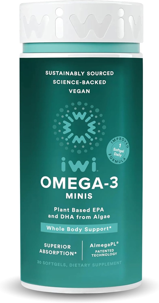 Iwi Omega-3 Mini Softgels (30 Servings), Easy to Swallow, Plant-Based Algae Omega 3 with EPA + DHA, Whole-Body Support Dietary Supplement, Krill & Fish Oil Alternative, No Fishy Aftertaste