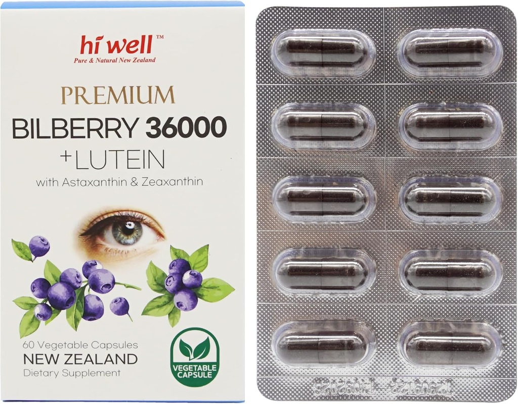 Hi Well Premium Bilberry 36000 + Lutein 12mg 60 Capsules végétariennes
