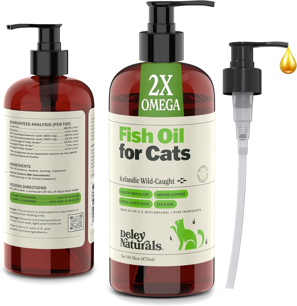 Deley Naturals Huile de poisson sauvage pour les chats avec 2X Omega - Huile de poisson de chat avec la plus haute puissance EPA & DHA - Omega 3 pour les chats pour Shedding, Skin, Coat, Joints, Heart and Immune System - Fabriqué aux États-Unis