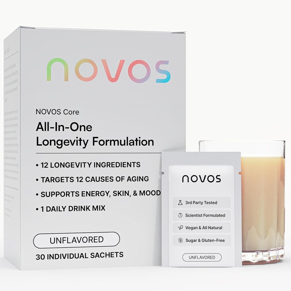 NOVOS Core Longevity Mix, Anti-Aging Supplément, Boisson Powder Packet Non aromatisé - Soutien de la peau, énergie, soutien de l'humeur, sommeil et cognition - 30 portions