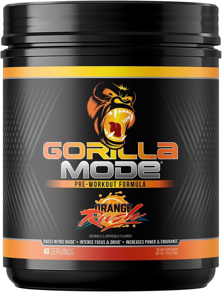Préentraînement de l'esprit Gorilla - Pompes volumineuses Laser Focus Energy Power - L-Citrulline, Créatine, L-Tyrosine, Betaine, Hydroprime, Alpha-GPC, 400mg Caféine, Huperzine A - 796g (Orange Rush)