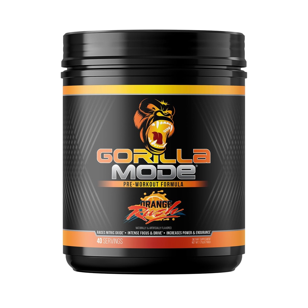 Préentraînement de l'esprit Gorilla - Pompes volumineuses Laser Focus Energy Power - L-Citrulline, Créatine, L-Tyrosine, Betaine, Hydroprime, Alpha-GPC, 400mg Caféine, Huperzine A - 796g (Orange Rush)