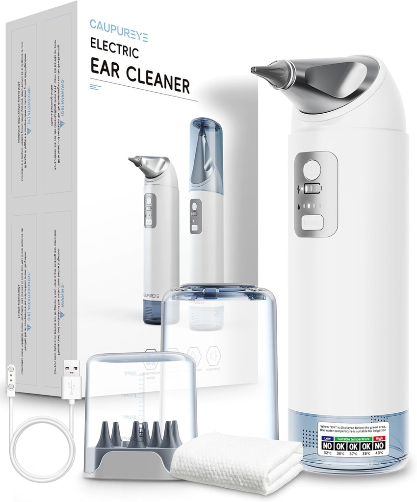 Kit de suppression de cire d'oreille, Nettoyeur d'oreille électrique à 360°, Kit de nettoyage d'oreille avec 4 modes de pression d'eau, Kit de suppression d'oreilles pour système d'irrigation d'oreille sécuritaire w/8 Conseils d'irrigation, faible bruit, IP65 Waterproof