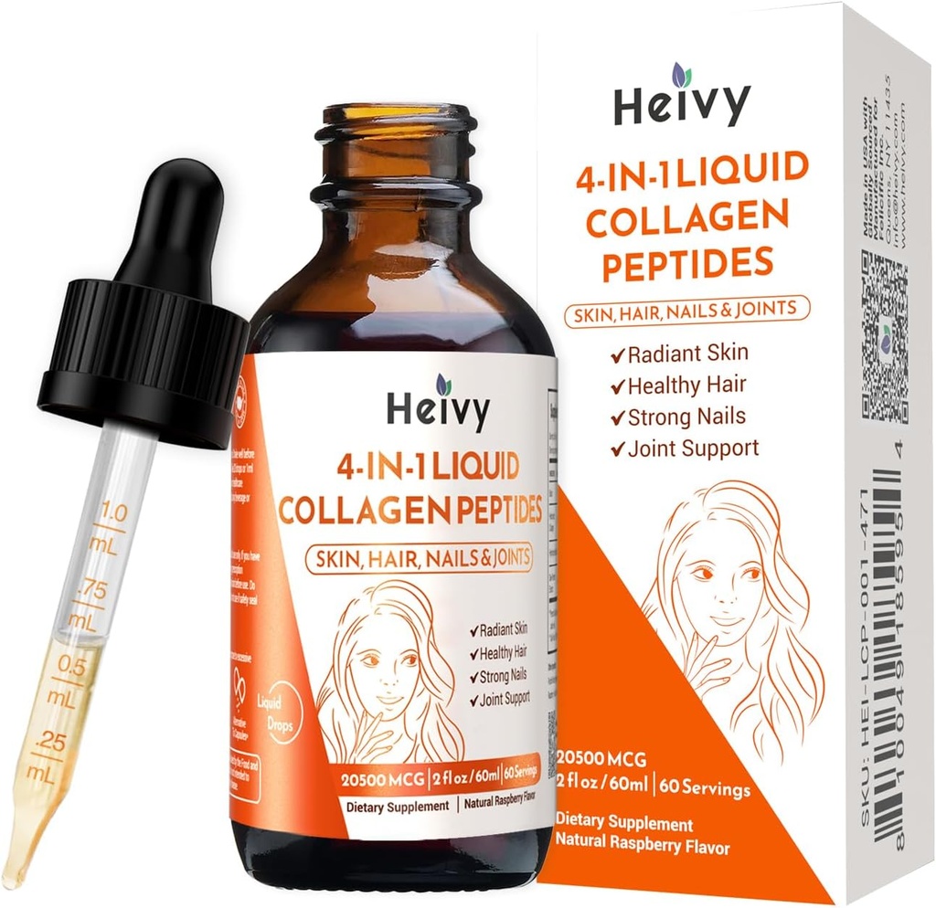 Collagène liquide Heivy pour les femmes, Biotine liquide et collagène pour la peau radiante, la croissance des cheveux, les ongles forts, le soutien articulaire, 20500 mcg 4-en-1 Gouttes de collagène, Absorption avancée, Arôme framboise- 2 FL OZ