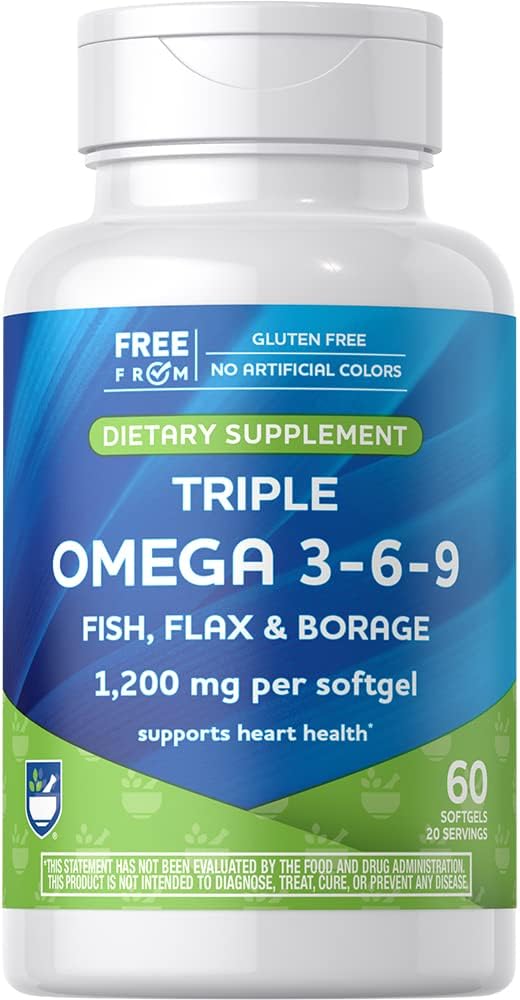 Aid au rite Triple Omega 3, 6, 9 Softgels - 60 Compte de l'huile de poisson pour soutenir un coeur en santé, DHA et EPA, l'huile de lin et de borage