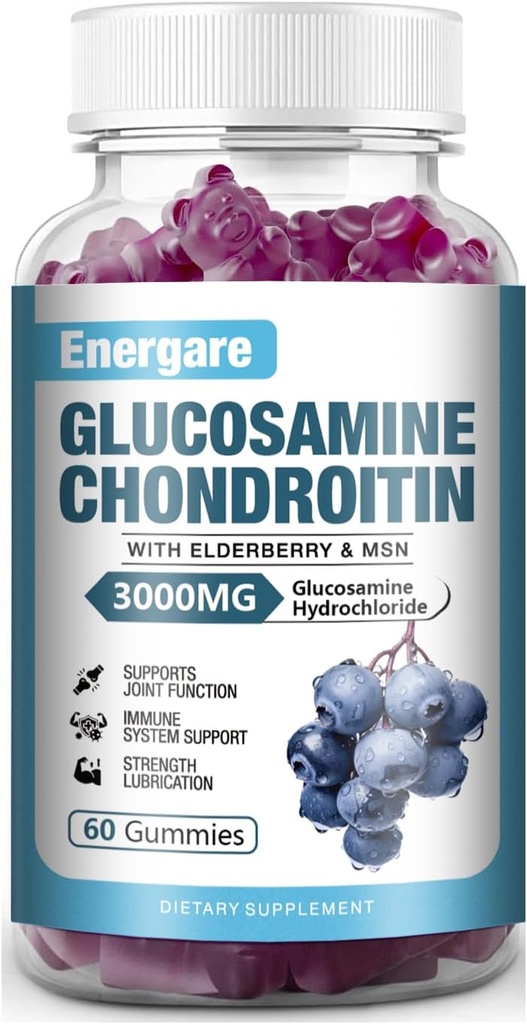 1 Pack 3000mg Glucosamine Chondroïtine avec Gummies MSM & Elderberry, Soutien articulaire extra-fort Santé, Flexibilité, Antioxydant, Supplément immunitaire Gummy pour adultes, hommes et femmes 60 comtes