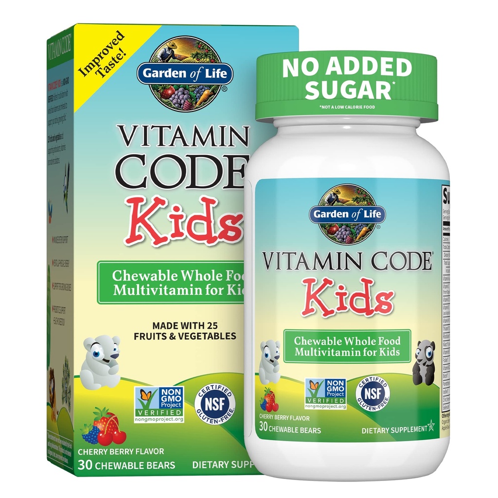 Supplément multivitamines végétariennes pour enfants - Code Vitamine Les enfants à croquer Vitamines crues entières avec probiotiques, 30 ours à croquer