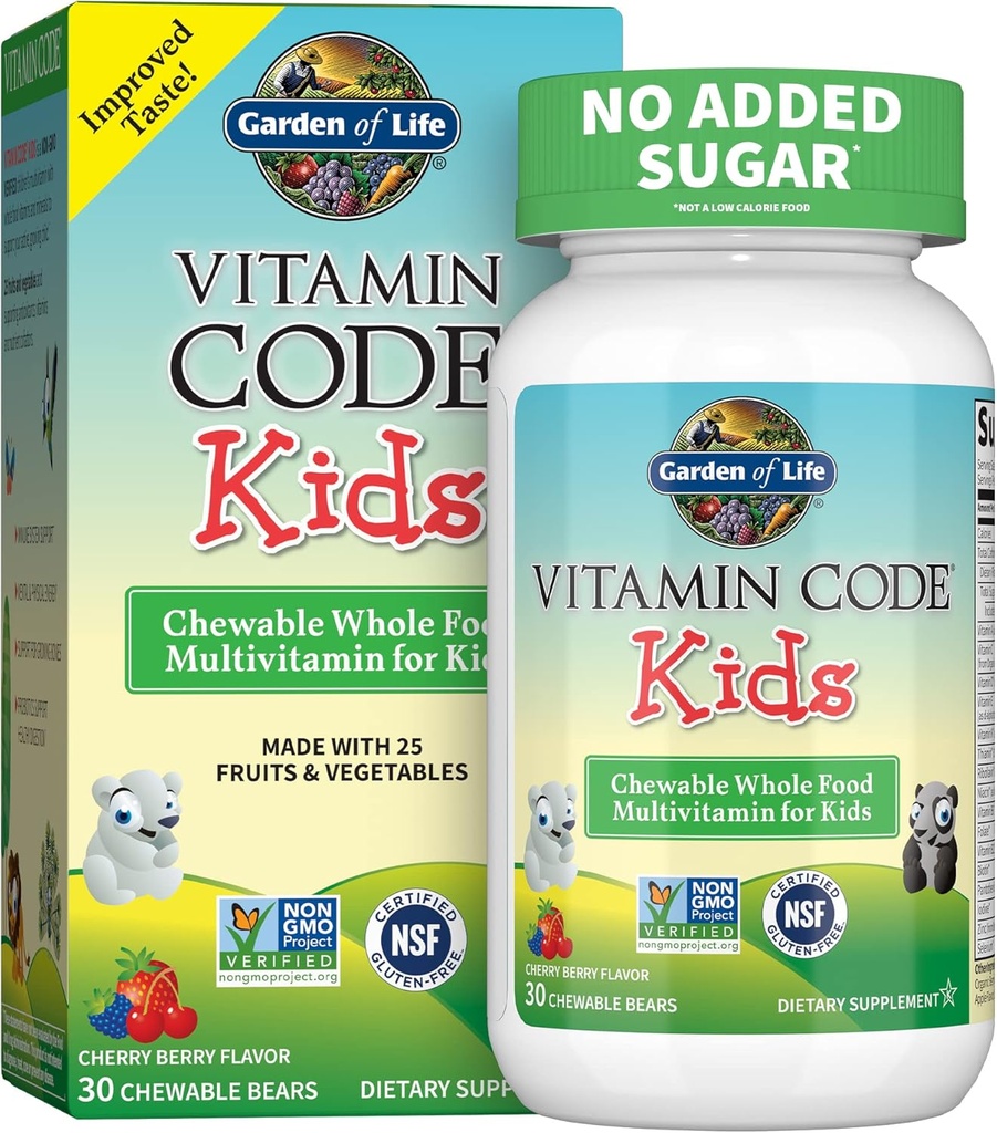 Supplément multivitamines végétariennes pour enfants - Code Vitamine Les enfants à croquer Vitamines crues entières avec probiotiques, 30 ours à croquer