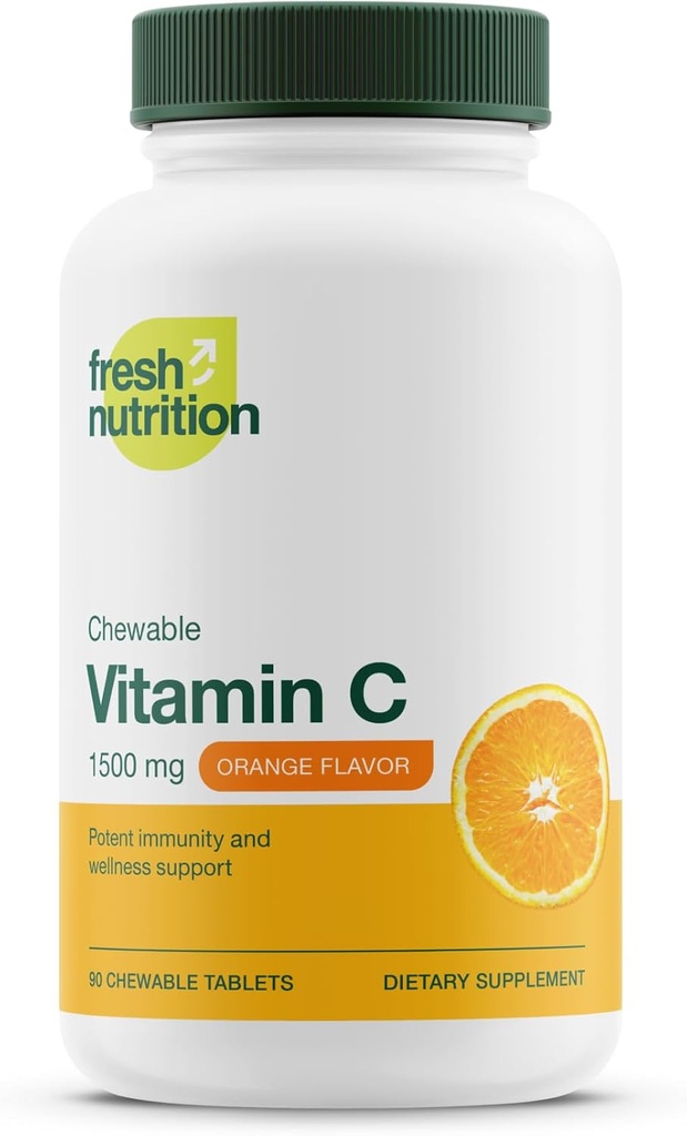 Alimentation fraîche Vitamine C Chewables - Powerful 1500mg par jour de soutien immunitaire - Tous les suppléments naturels VIT C - Vegan Friendly, non-OGM, sans gluten et sans soja - 90 comprimés à croquer