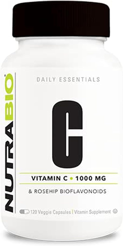 NutraBio Vitamine C avec Rose HIPS - Soutient des os, des dents et des gencives sains, fonction immunitaire - Pas de remplissage ou d'excipients - (120 capsules, 1000mg de vitamine C par gélule)