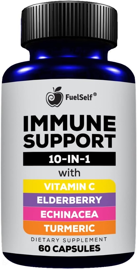 Supplément pour booster de soutien immunitaire avec Elderberry, Vitamine C, Echinacea, Curcuminoides Turmériques, Vitamine E, Vitamine B6, Zinc, L-Glutamine HCL, Ail, Lactobacillus Acidophilus :: 60 Compte, 1 Pack
