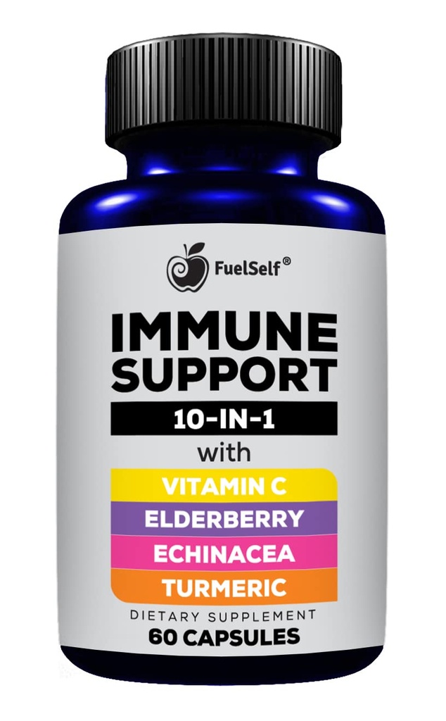 Supplément pour booster de soutien immunitaire avec Elderberry, Vitamine C, Echinacea, Curcuminoides Turmériques, Vitamine E, Vitamine B6, Zinc, L-Glutamine HCL, Ail, Lactobacillus Acidophilus :: 60 Compte, 1 Pack
