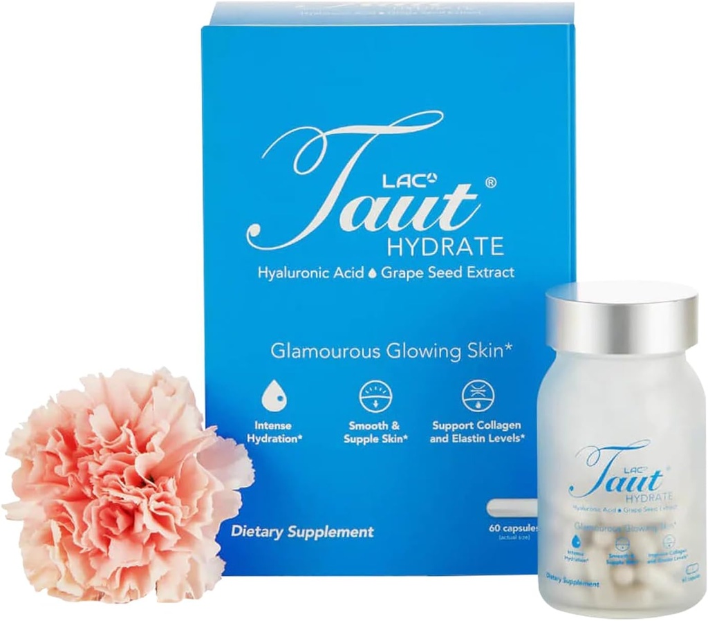 Taut Hydrate Acid Supplement Hyaluronique – Capsules de 120mg Vegan avec Extrait de Graine de raisin - Hydratation de la peau profonde, rides lisses et support de Glow - Supplément collagène et anti-âge pour les femmes et les hommes – 60 capsules