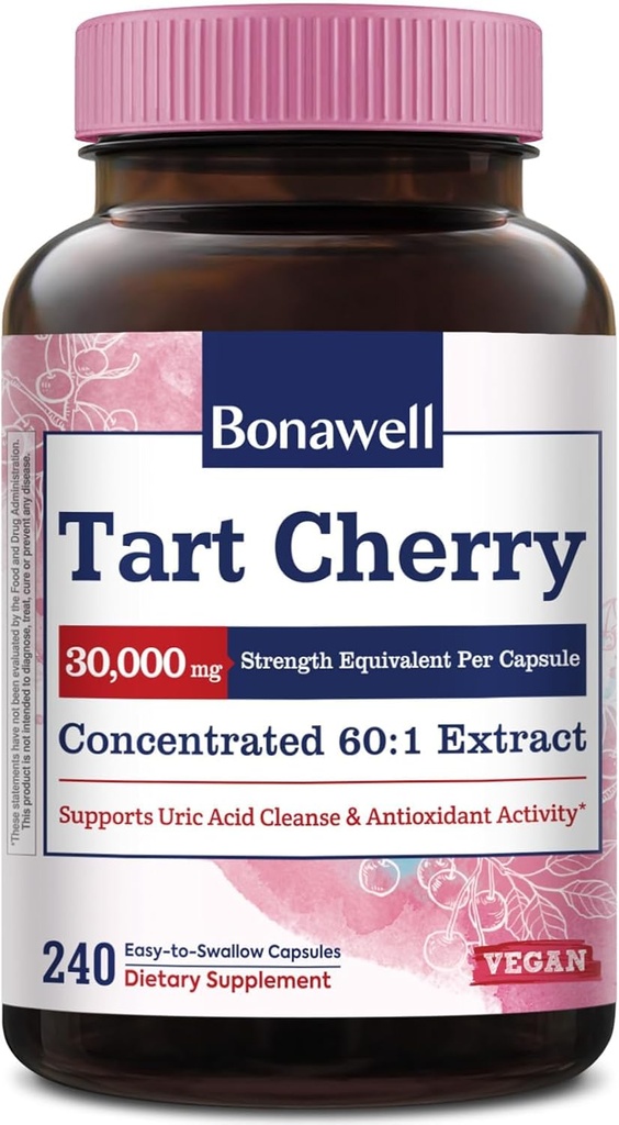 Bonawell Tart Cherry 60:1 Extrait, 30000mg Résistance, Fait à partir de cerises de Tart Montmorency, puissant nettoyage d'acide Urique, 8 mois d'approvisionnement, 240 capsules