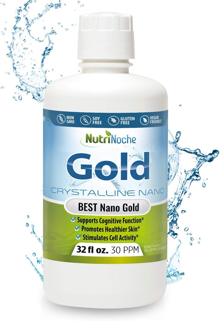 Colloïdal Gold Liquid Organic Supplement by Nutrinoche - 100% Pure Nano Gold Mineral - Soutient la clarté mentale, la concentration et la relaxation - Bouteille de 32 oz - Vegan, sans gluten - Crystalline- 30 ppm