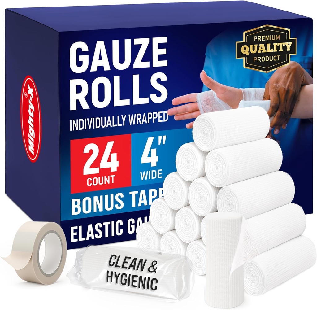 Rouleaux de gaze - 24 Pack - 4" x 4.1yd Respirant Rouleau - Enveloppé individuellement avec Bonus Tape - Premiers secours Conformer l'enroulement pour les blessures - Enroulement maman