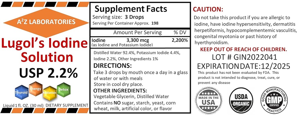 Solution Iodine et Iodide de Potassium A2Z Organic Lugol 2,0%, 1 Fl Oz - gouttes de supplément liquide pour support thyroïdien, détox, métabolisme, fabriqué aux États-Unis