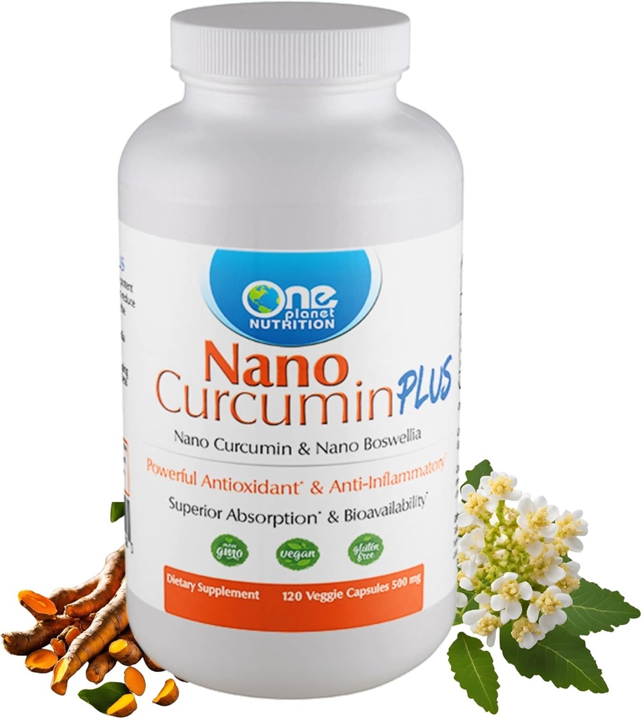 One Planet Nutrition Nano Curcumin Plus 500 mg Capsules de légumes (240 portions), Nano Curcumin avec Boswellia pour une absorption élevée, soutient la santé articulaire et immunitaire, non-OGM, végétalien, sans gluten