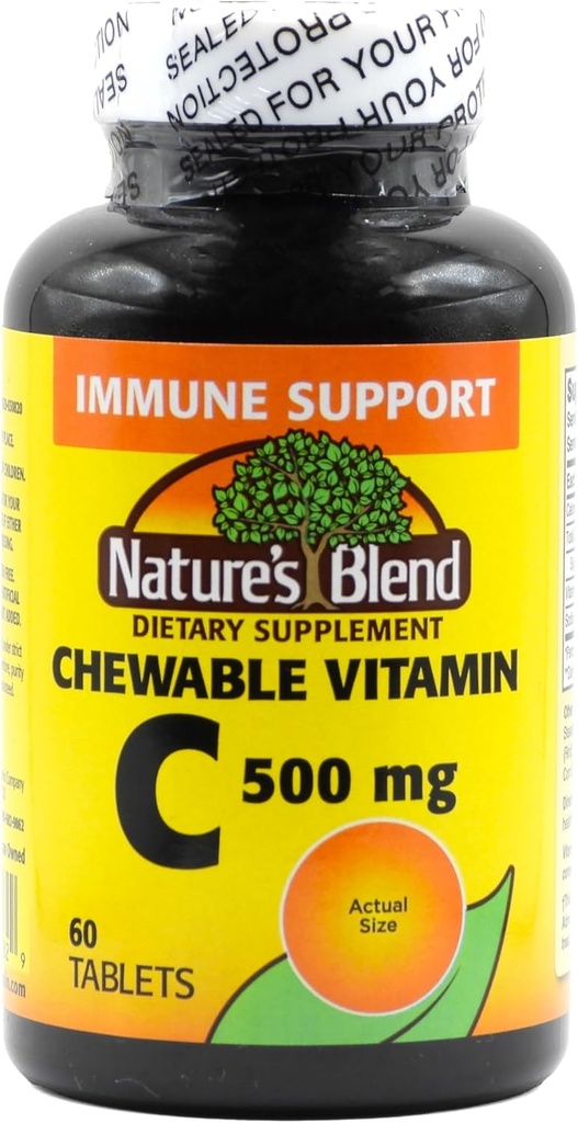 Vitamine C à croquer. Grande dégustation de vitamine essentielle à faible teneur en sucre, ne favorise pas la carie dentaire. 500mg, 60 comprimés.