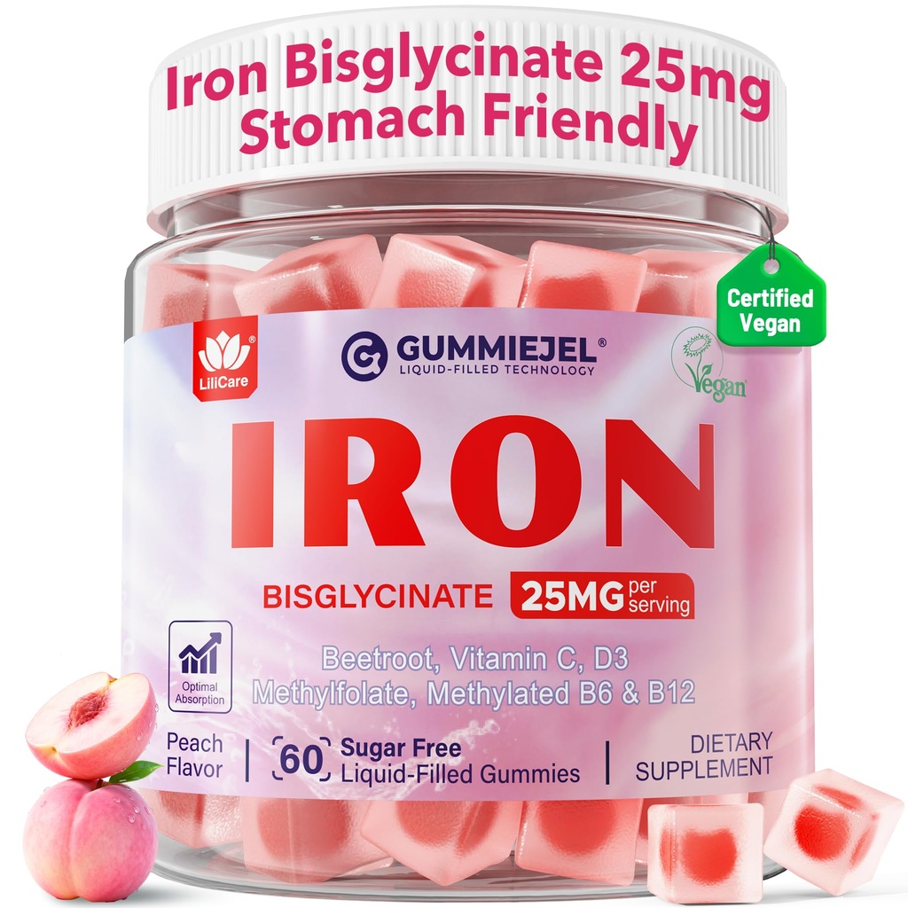 Gommies de fer pour femmes 25mg Plus vitamine C, racine de betterave, vitamine B12, Folate pour carence en fer, Anémie, stimuler l'énergie, supplément de fer sans sucre, non constipant, non après le goût, 60 Cts