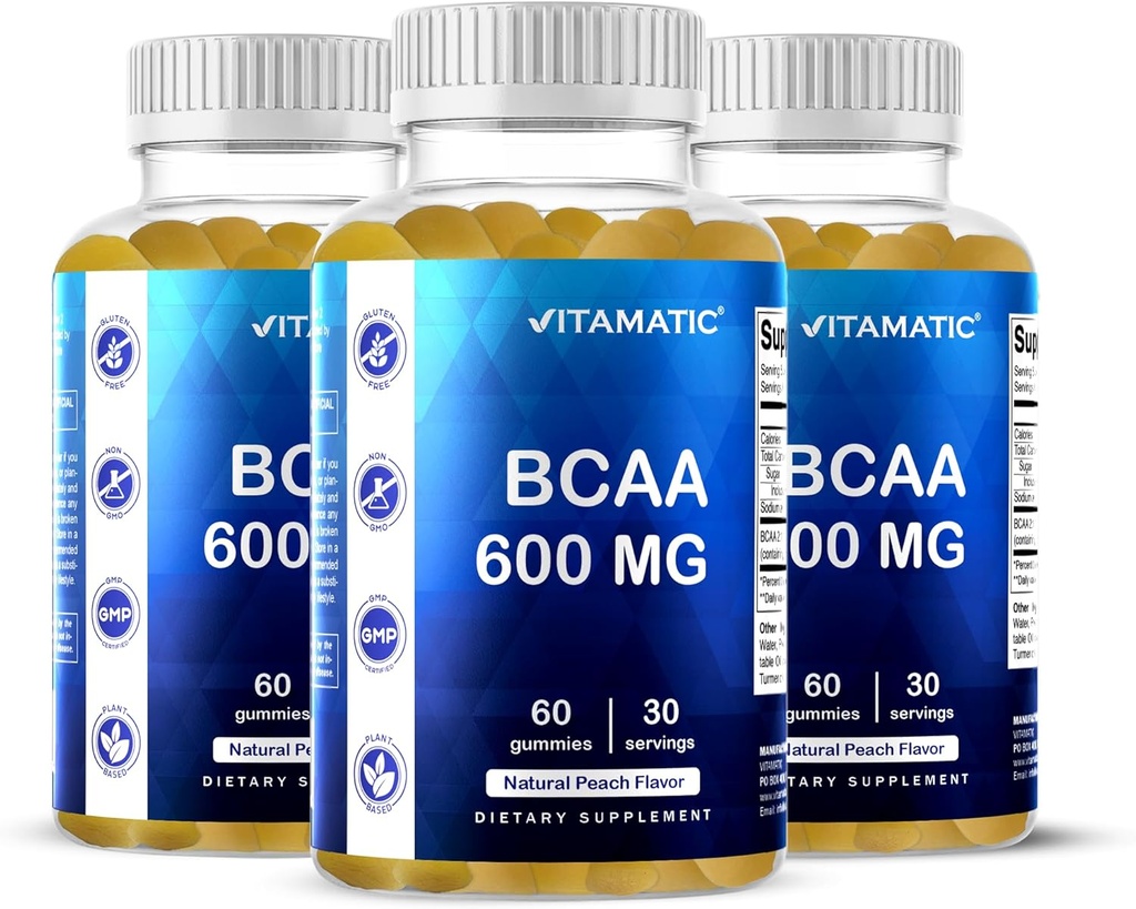 Gummées Vitamatic BCAA - Suppléments acides aminos à chaîne de branches - Saveur de pêche - 600mg par portion - 60 Gummées à base de pectine végane (3 bouteilles)
