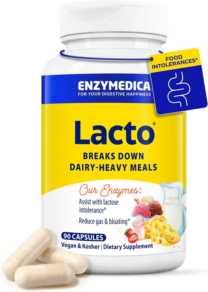Enzymedica Lacto, pilules de lactase avancées pour le soutien des produits laitiers, aide à briser la lactose, la caséine et les graisses, pilules de soulagement des produits laitiers, végétalien, 90 capsules