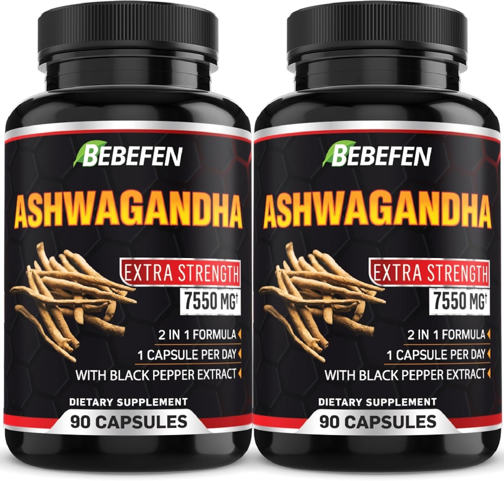 BEBEFEN Ashwagandha Capsules - 7550mg Pilules de formule avec extrait de poivre noir - 90 Capsules Ashwagandha Supplément pour le soutien énergétique - 3 mois d'approvisionnement (paquet de 2)