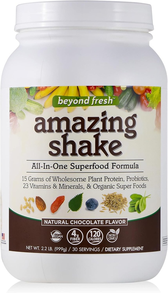 Au-delà d'un shake étonnant frais, formule super-alimentaire, protéines végétales à base de glucides, protéines alimentaires complètes, substitut de repas, chocolat naturel, 999 grammes, blanc
