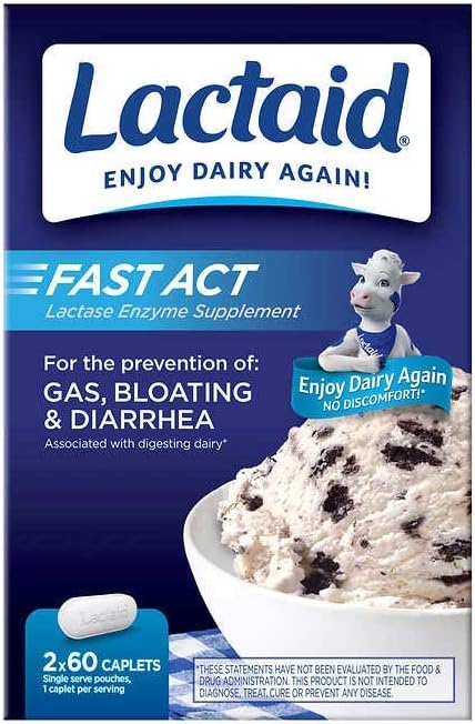 Lactaid Fast Act Caplets d'intolérance à la lactose, 120 Compte de prévention de la diarrhée bluffante par gaz