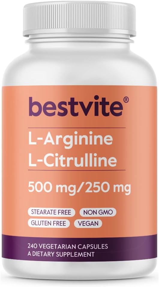 BESTVITE L-Arginine L-Citrulline 500mg / 250mg Vegan (240 capsules végétariennes) - Pas de stéarate - Pas de phosphate de dicalcium - Non OGM - Sans gluten
