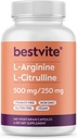 BESTVITE L-Arginine L-Citrulline 500mg / 250mg Vegan (240 capsules végétariennes) - Pas de stéarate - Pas de phosphate de dicalcium - Non OGM - Sans gluten