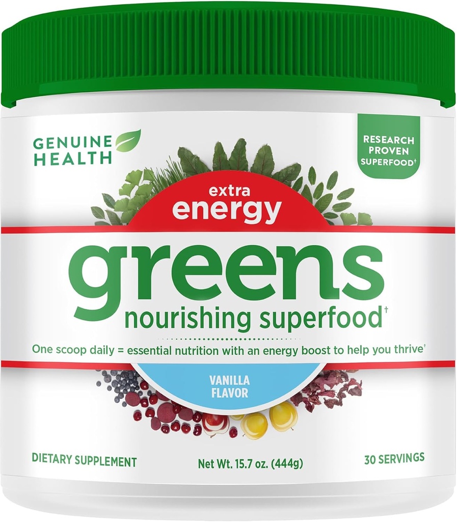 Genuine Health Greens + Extra Energy Superfood Powder, Provides an Immediate Energy Boost & Supports Gut Health, Vanilla Flavoured, 30 Servings