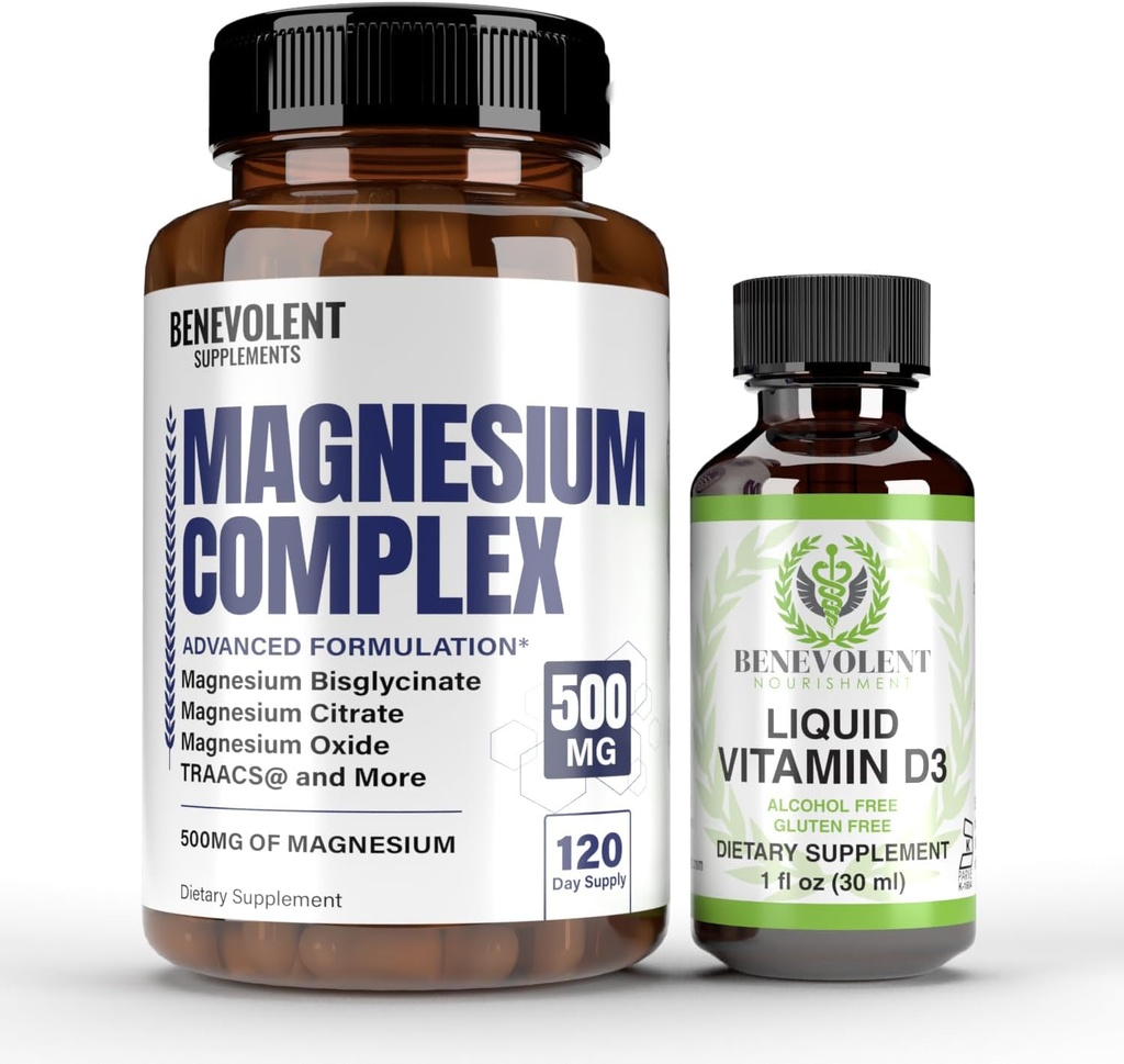 Complexe de magnésium avec 5 meilleures formes et Vitamine liquide D3 5000 UI Bundle - 4 mois d'approvisionnement de 500mg Magnésium Glycinate, Oxyde, Taurat, Chélate, Magnésium Citrate - Sleep & Immune Support