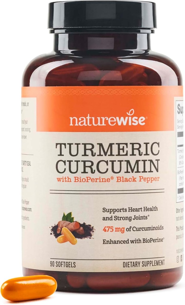NatureWise Curcumin curcuma 500mg avec des softgels de poivre noir - Extra Strength, Absorption accrue - 95% Curcuminoïdes et BioPerine pour le support immunitaire - Sans gluten, sans OGM - 90 Compte[3-Mois]