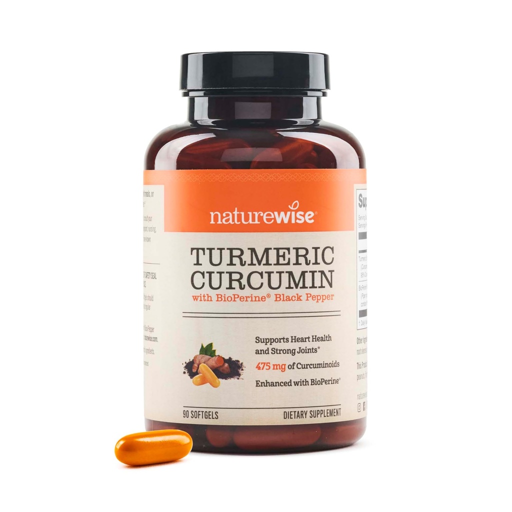 NatureWise Curcumin curcuma 500mg avec des softgels de poivre noir - Extra Strength, Absorption accrue - 95% Curcuminoïdes et BioPerine pour le support immunitaire - Sans gluten, sans OGM - 90 Compte[3-Mois]