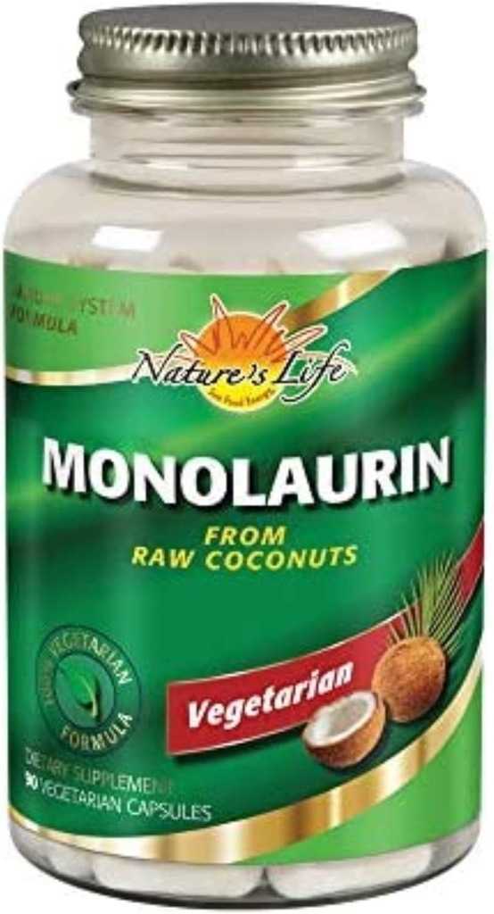 Nature's Life Monolaurin 1000 mg, Nourriture Monolaurin de noix de coco crue naturelle, Supplément de soutien immunitaire, Gut Health, Gut Flora équilibré, garantie de 60 jours, 45 portions, 90 capsules végétariennes