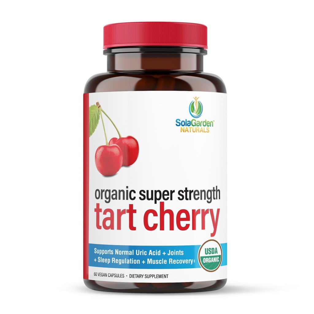Super Strength CherryPURE Tart Cherry Supplement – 50:1 Concentré cultivé aux États-Unis - Fabriqué avec des cerises Montmorency non OGM – par SolaJarden Naturals. 60 Capsules Veggie non OGM.
