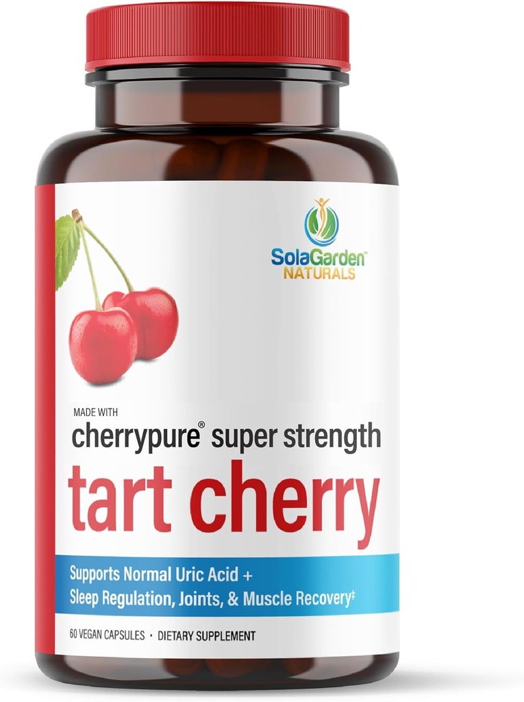 Super Strength CherryPURE Tart Cherry Supplement – 50:1 Concentré cultivé aux États-Unis - Fabriqué avec des cerises Montmorency non OGM – par SolaJarden Naturals. 60 Capsules Veggie non OGM.