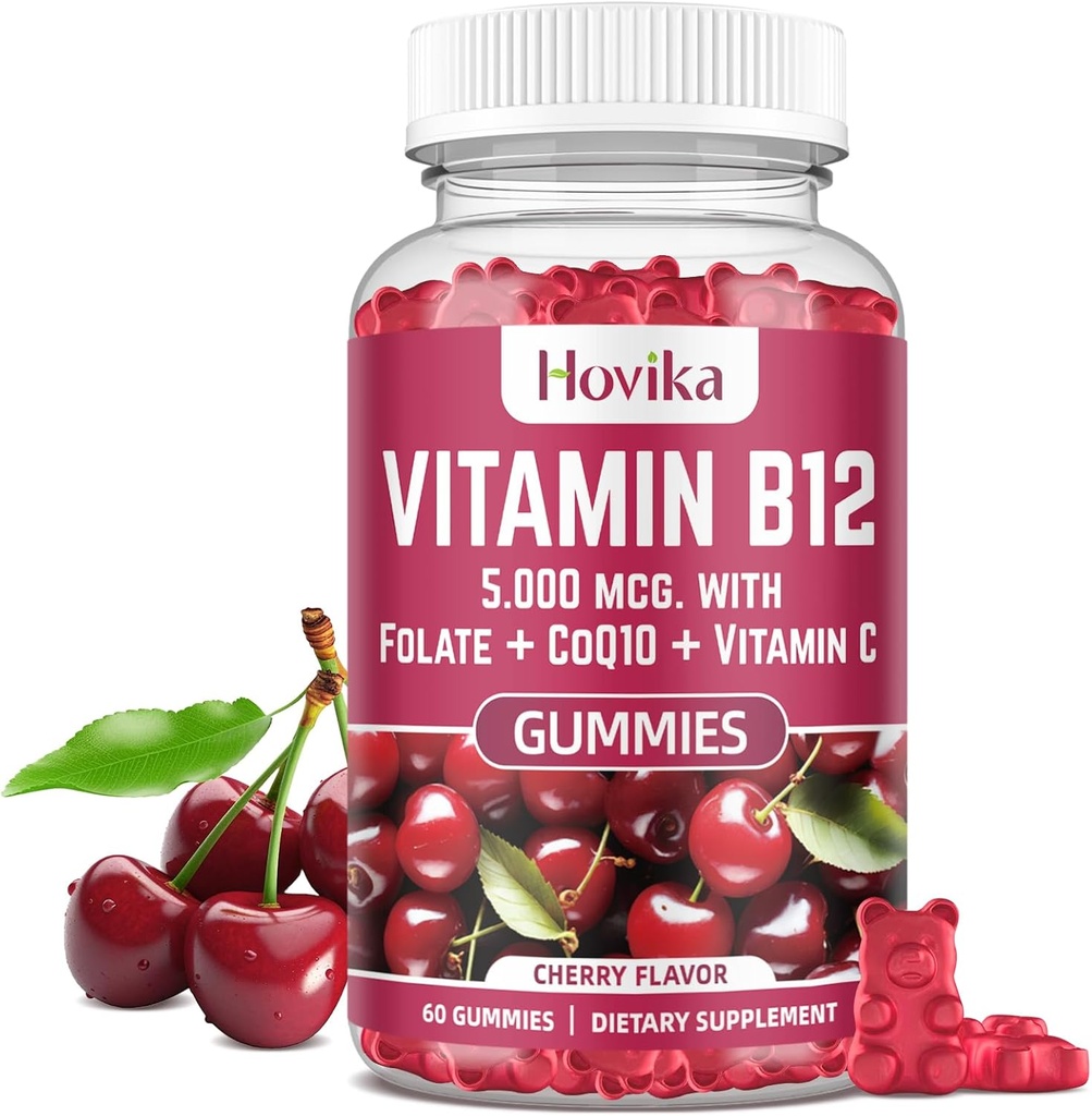 Vitamine B12 Complexe 5000 mcg Méthyl B12, Adénosyl B12 et Hydroxy B12, avec Coenzyme Q10, Folate, Vitamine C, Chewable B 12 pour le soutien énergétique, le métabolisme, la santé des os - Saveur de cerise