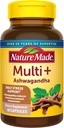 Nature faite Multi + Ashwagandha, Multivitamine pour les femmes et les hommes pour le soutien quotidien de stress, Multivitamine pour les hommes et les femmes, un par jour hommes et femmes vitamines, 60 capsules, brun