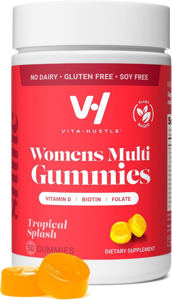 VitaHustle Femmes Multivitamine Gummies, Vegan, Biotine, Folate, Santé féminine, Cheveux, Peau et ongles, Faible sucre, Non OGM, Tropical Splash, 50 Comte