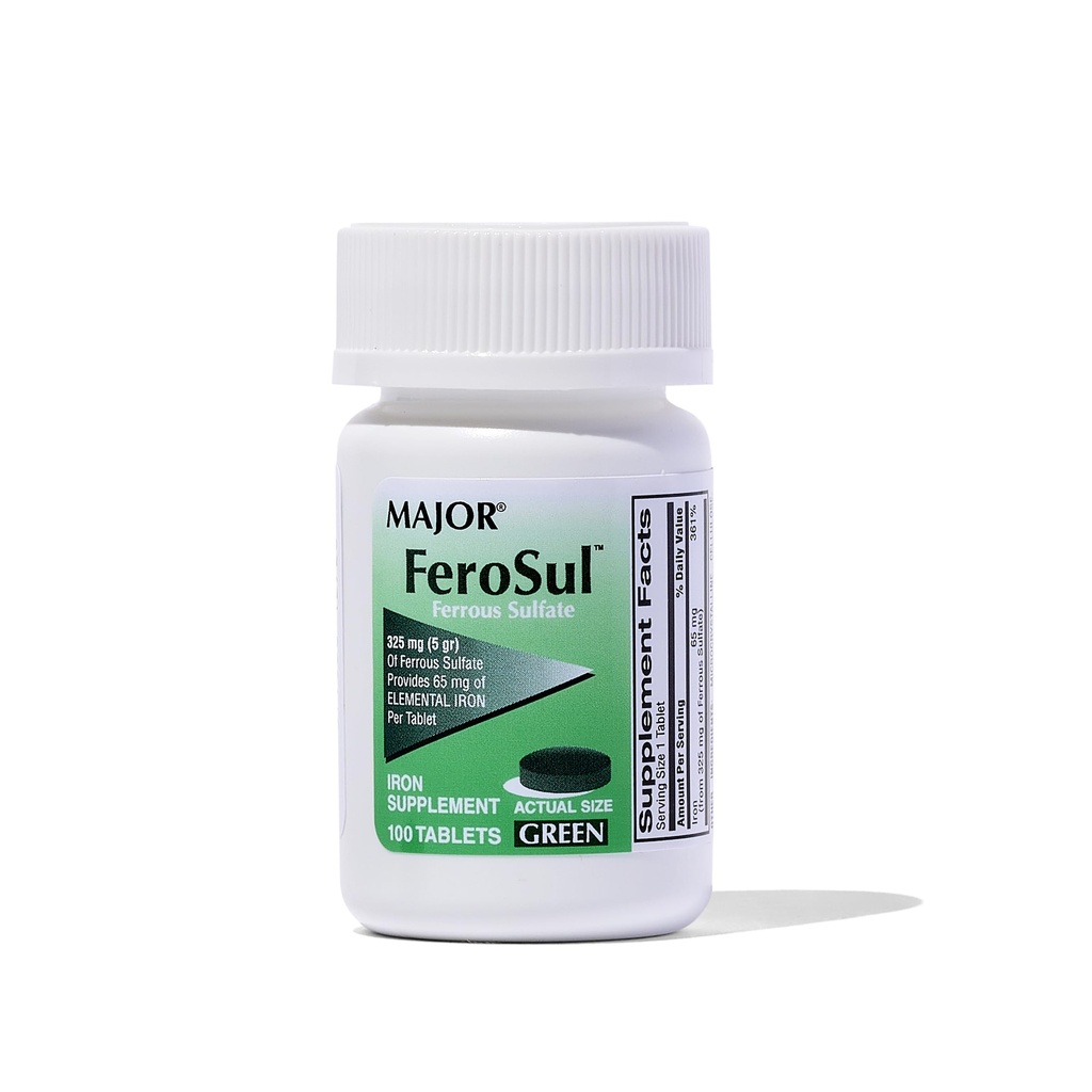 Major Ferosul - Sulfate de fer 325mg Comprimés avec 65mg de fer élémentaire - Supplément de fer pour les femmes, les hommes - Vert - 100 Compte