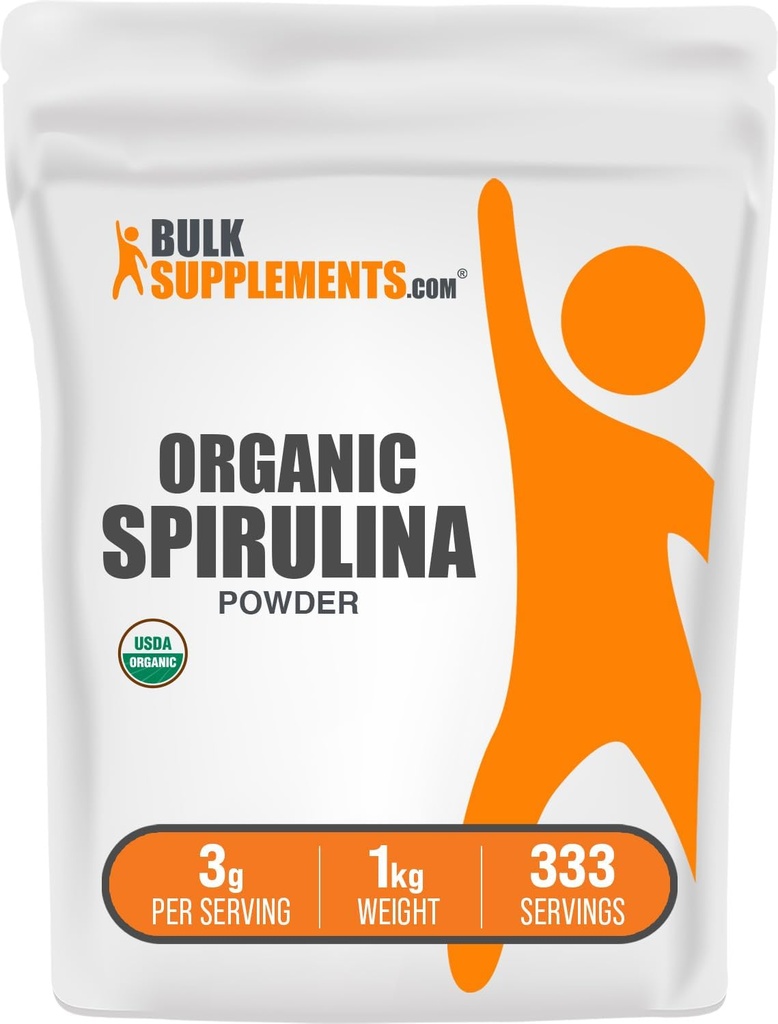 BulkSupplements.com Poudre de Spiruline Biologique - Superfood, Poudre de Spiruline Verte, Supplément à base de plantes - Vegan-Amis, 3g par portion, 1kg (2,2 lbs) (paquet de 1)