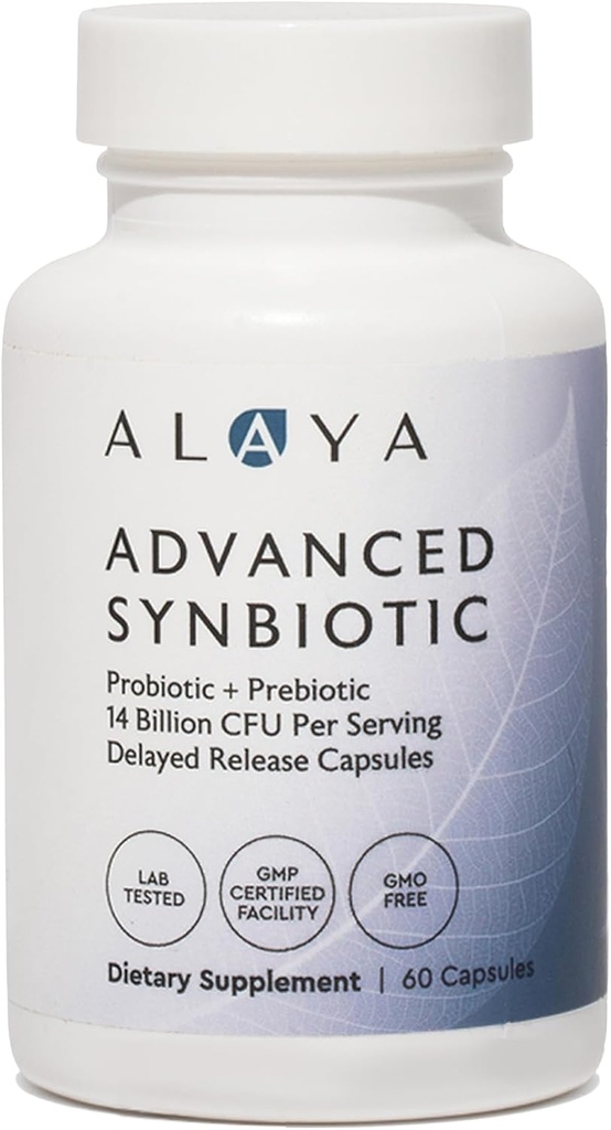 Alaya Naturals Synbiotique avancé - Probiotique + Prébiotique - Supplément probiotique à libération différée de 14 milliards d'UCF avec prébiotiques de Sunfiber® et L-glutamine pour l'intégrité du doublage Gut - 60 capsules