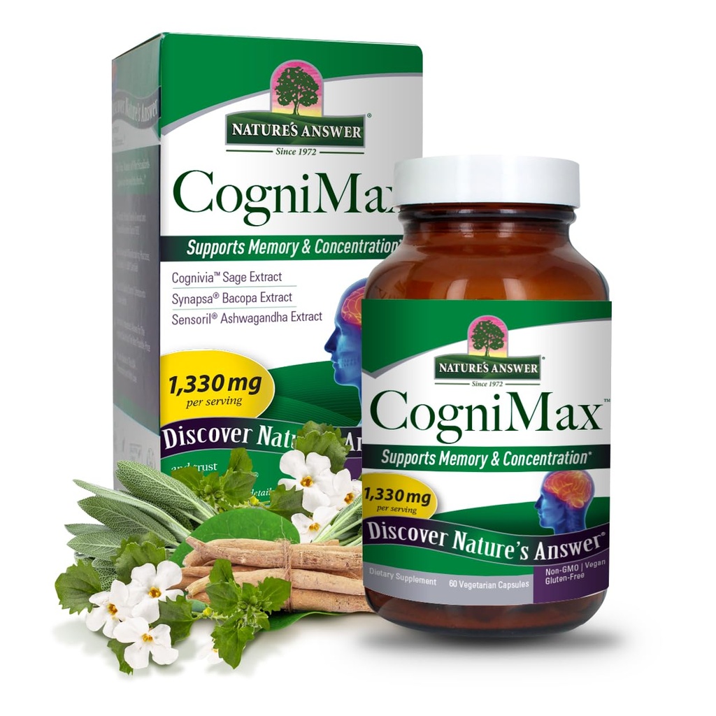 Nature's Answer CogniMax 1330mg Supplement Blend 60-Capsules | Natural Memory, Concentration and Focus Support | Non-GMO, Vegan, Gluten Free | Single Count