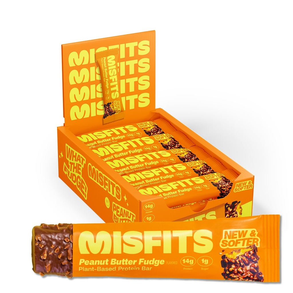 Misfits Barres de protéines végétaliennes, beurre d'arachide Fudge - Récipient mis à jour à base de plantes, faible teneur en sucre et en glucides, haute teneur en fibres