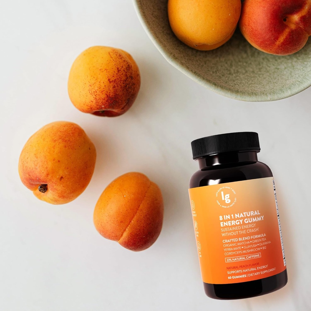Gommies d'énergie naturelle 8-en-1 – Vitamine B12, C, caféine, Multivitamine + Soutien au sommeil et au focus – Mâches d'énergie végétalienne pour les hommes et les femmes – Saveur de pêche – 60 Ct